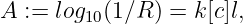 A := log10(1∕R ) = k[c]l,
