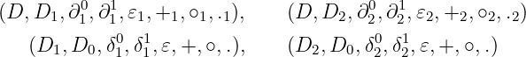 (D, D  ,∂0,∂1,𝜀 ,+  ,∘ ,.),    (D, D  ,∂0,∂1,𝜀 ,+  ,∘ ,.)
      1  1  1  1   1  1 1            2  2  2  2   2  2 2
   (D1, D0, δ01,δ11,𝜀,+,∘, .),    (D2, D0, δ02,δ12,𝜀,+,∘,.)
