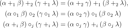 (α +1 β) +2 (γ +1 λ) = (α +2 γ) +1 (β +2  λ),
  (α ∘ β) ∘ (γ ∘  λ) = (α ∘ γ) ∘ (β ∘  λ)
      1    2    1          2    1    2
 (α +i β) ∘j (γ +i λ) = (α ∘j γ) +i (β ∘j λ)
