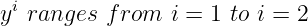 i
y ranges  from  i = 1 to i = 2
