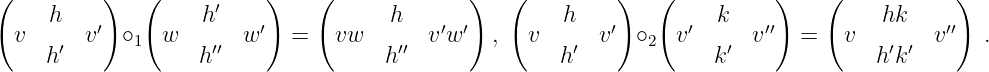 (         )   (           )    (             )   (         )   (          )    (            )
     h              h′                h               h              k               hk
  v     v ′ ∘1  w       w′  =   vw       v′w ′ ,   v      v′ ∘2  v′     v′′  =   v        v′′  .
     h′            h ′′               h′′              h′             k′             h′k′
