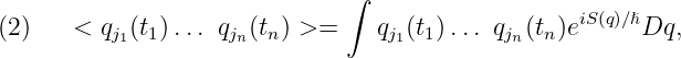                               ∫
                                                  iS(q)∕ℏ
(2)   <  qj1(t1)... qjn(tn) >=     qj1(t1)... qjn (tn)e      Dq,
