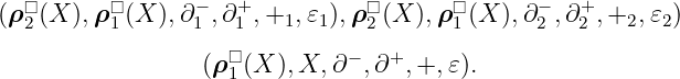   □       □      −   +          □      □       −  +
(ρ2 (X ),ρ 1(X ),∂1 ,∂ 1 ,+1, 𝜀1),ρ2(X ),ρ1 (X ),∂ 2 ,∂2 ,+2,𝜀2)
                    □         −   +
                  (ρ1(X ),X, ∂  ,∂ ,+, 𝜀).
