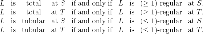 L  is   total   at S  if and only if  L  is  (≥  1)-regular  at S.

L  is   total   at T  if and only if  L  is  (≥  1)-regular  at T.
L  is  tubular  at S  if and only if  L  is  (≤  1)-regular  at S.
L  is  tubular  at T  if and only if  L  is  (≤  1)-regular  at T.
