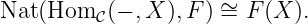 Nat (Hom  𝒞(− ,X ),F) ∼= F (X ).
