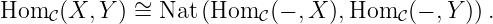 Hom   (X,Y ) ∼= Nat (Hom   (− ,X ),Hom  (− ,Y)) .
     𝒞                   𝒞            𝒞
