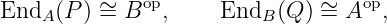End  (P ) ∼= Bop,     End   (Q ) ∼= Aop,
    A                    B
