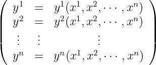 (                            )
   y1  =   y1(x1,x2,⋅⋅⋅ ,xn)
||  y2  =   y2(x1,x2,⋅⋅⋅ ,xn) ||
|   ..   ..          ..         |
(   .   .          .         )
   yn  =   yn(x1,x2,⋅⋅⋅ ,xn)
