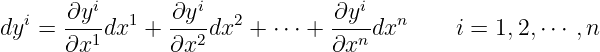  i   ∂yi   1   ∂yi   2         ∂yi   n
dy  = ---1dx  + ---2dx  + ⋅⋅⋅ + --n-dx      i = 1,2, ⋅⋅⋅ ,n
      ∂x        ∂x              ∂x
