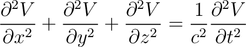 $\displaystyle \frac{\partial^2 V}{\partial x^2} + \frac{\partial^2 V}{\partial ... ...{\partial^2 V}{\partial z^2} = \frac{1}{c^2} \frac{\partial^2 V}{\partial t^2} $