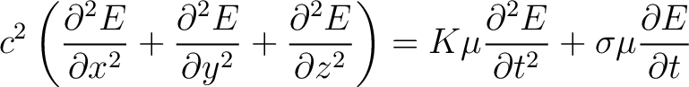 $\displaystyle c^2 \left( \frac{\partial^2 E}{\partial x^2} + \frac{\partial^2 E... ...u \frac{\partial^2 E}{\partial t^2} + \sigma \mu \frac{\partial E}{\partial t} $