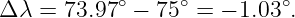 Δ λ =  73.97 ∘ − 75 ∘ = − 1.03∘.
