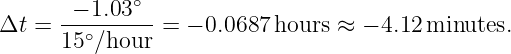       -−-1.03∘-
Δt =  15∘∕hour  = − 0.0687 hours ≈  − 4.12 minutes.
